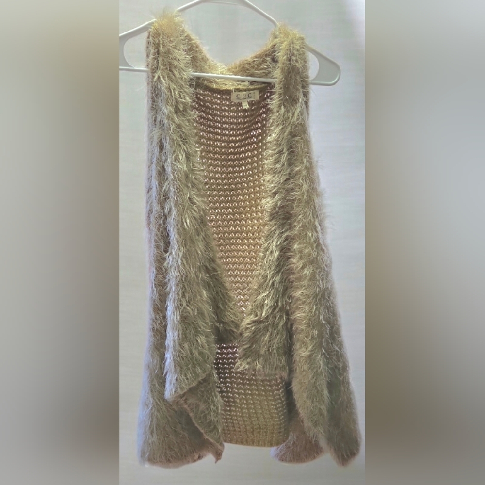 C.O.C. Curvy Fit Faux Fur Vest Brown Waffle Knit Back Boho Shaggy Layering XL